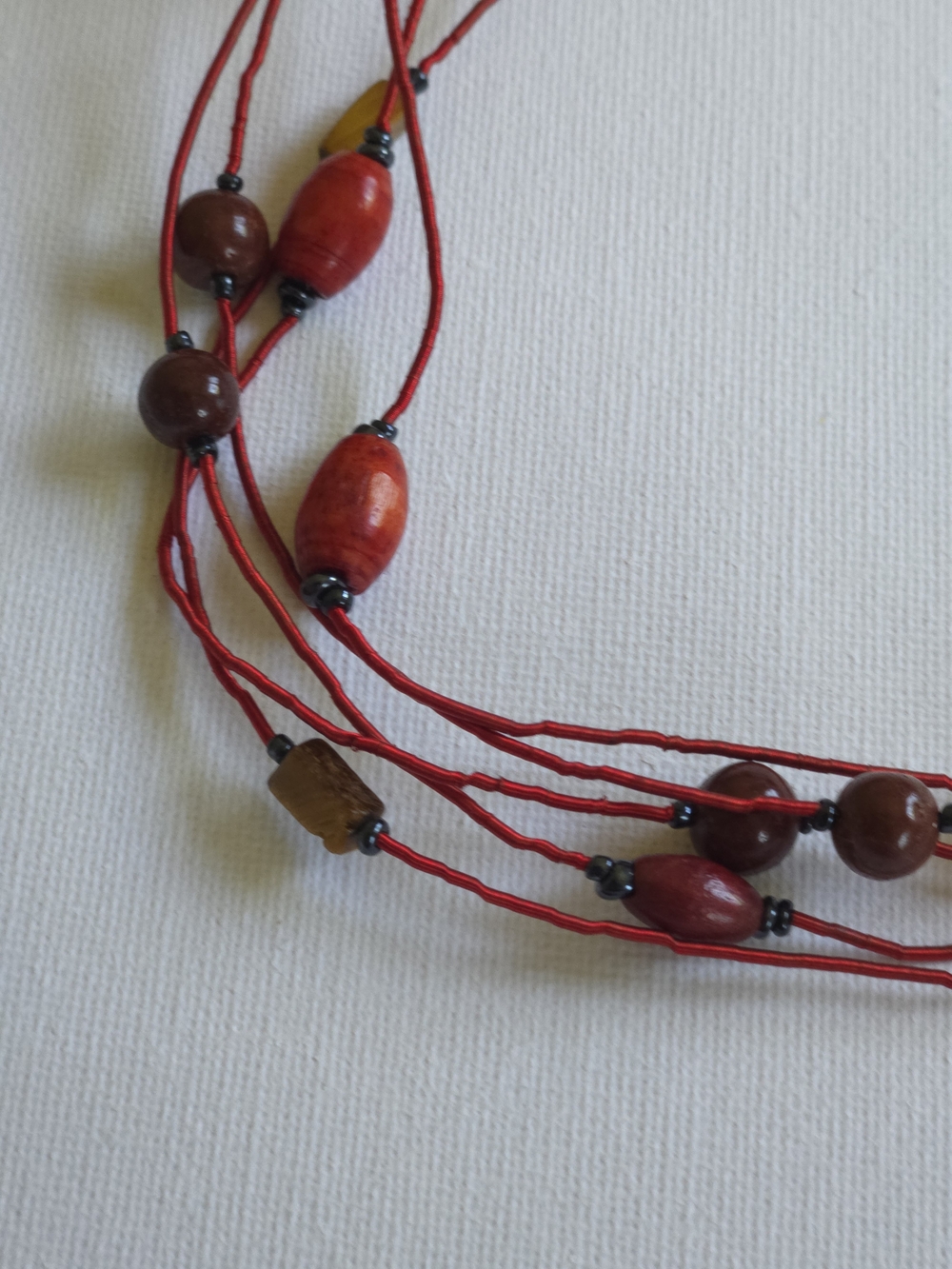 Red Multi-Strand Beaded Necklace with Wood & Tiger Eye - Picture 4 of 7